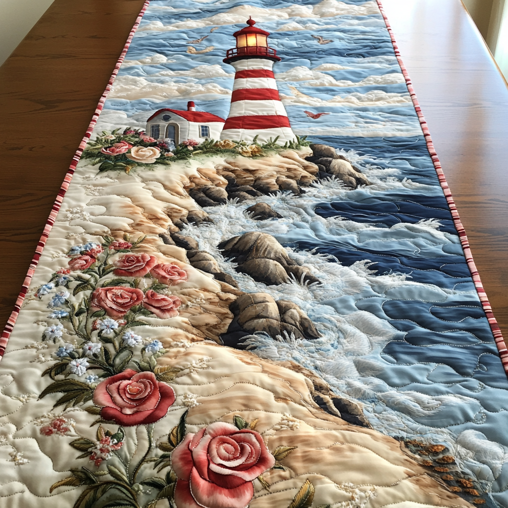Maritime Glow Quilted Table Runner Ocean Themed Table Runners Great Lighthouse Gifts