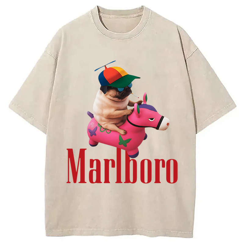 Marlboro Dog Red Horse Meme Washed T-Shirt Funny Aesthetic Trendy Apparel Gifts For Besties