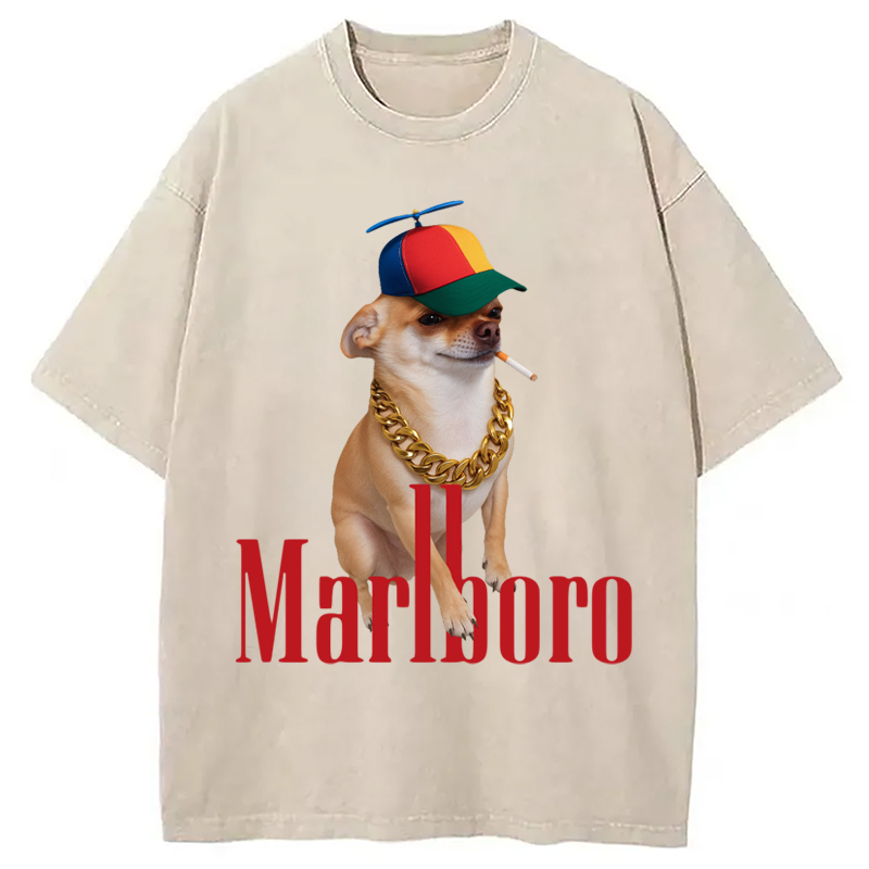 Marlboro Dog Smoking Meme Washed T-Shirt Minimal Retro Graphic Clothing Gifts For Besties