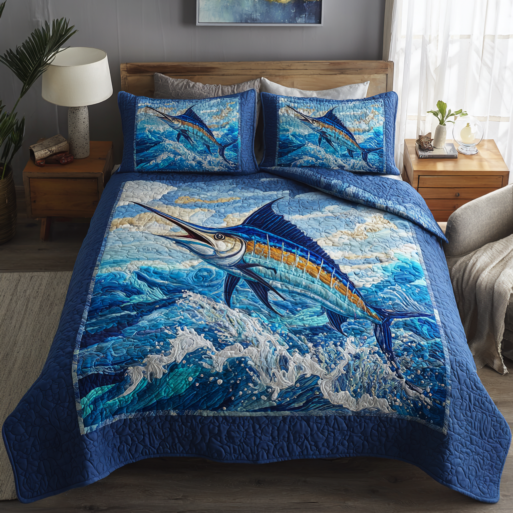 Marlin Adventure Quilted Bedding Set Bedroom Decorations Gifts For Ocean Lovers
