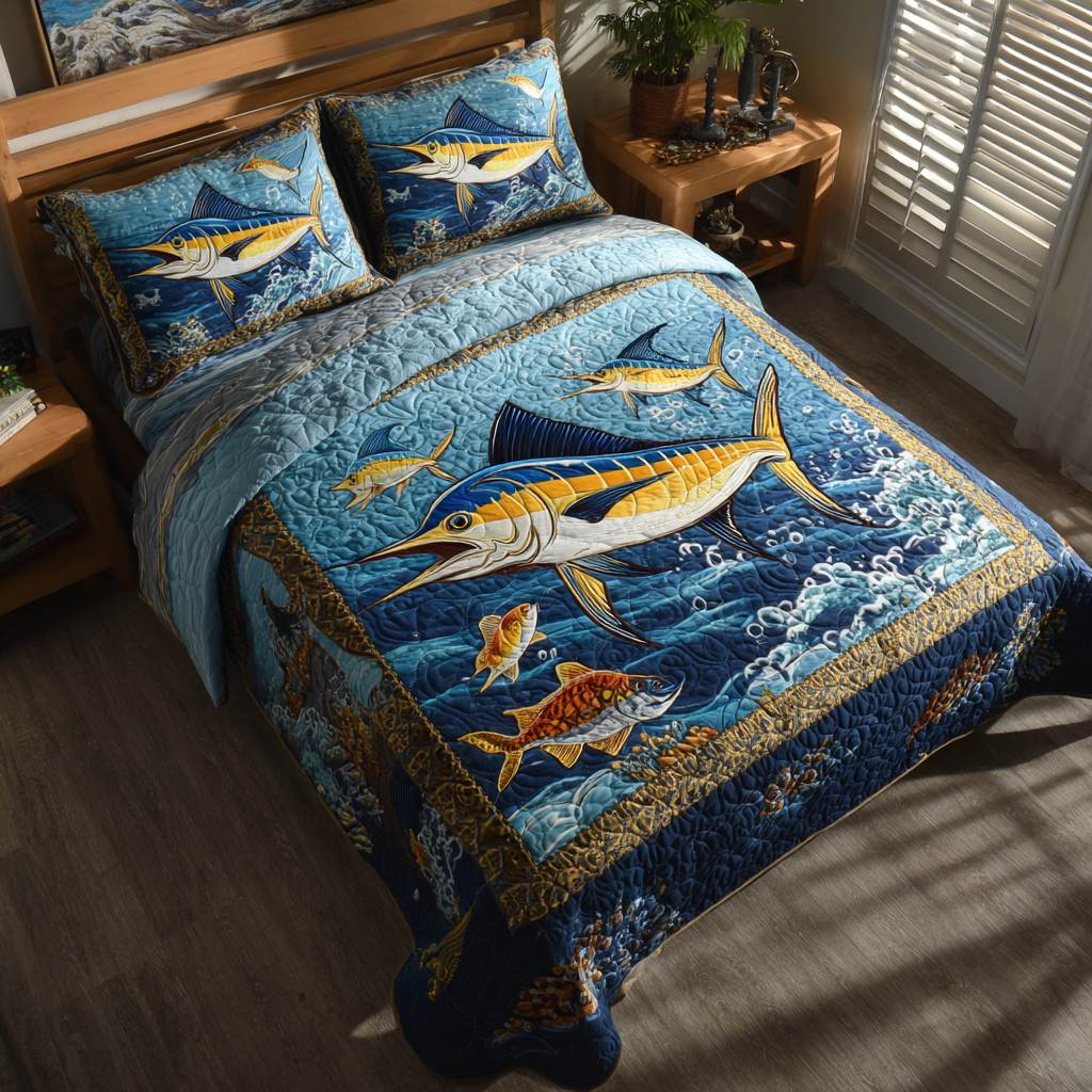 Marlin Dream Quilted Bedding Set Bed Room Decoration Ocean Themed Gift Ideas