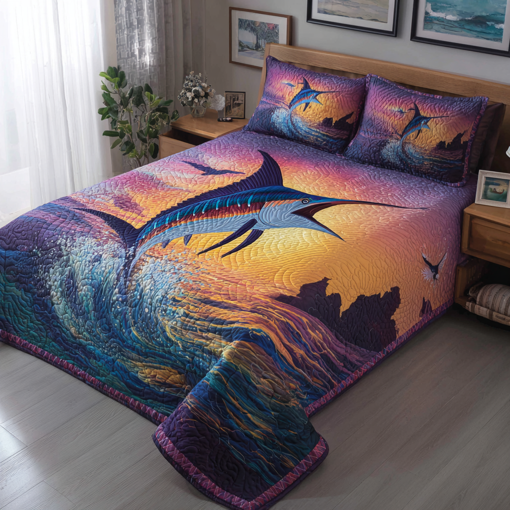 Marlin Journey Quilted Bedding Set Cool Bedroom Decor Best Gifts For Ocean Lovers