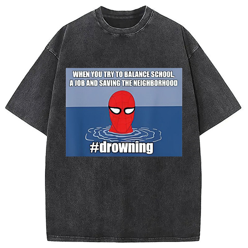 Marvel Spider-Man Drowning Meme Washed T-Shirt Casual Vintage Everyday Look Gifts For Brother