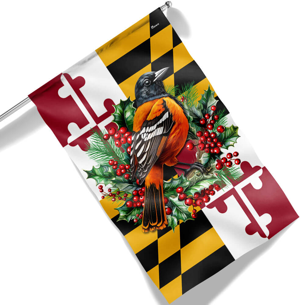 Maryland Christmas Baltimore Oriole Bird And Christmas Wreath Flag