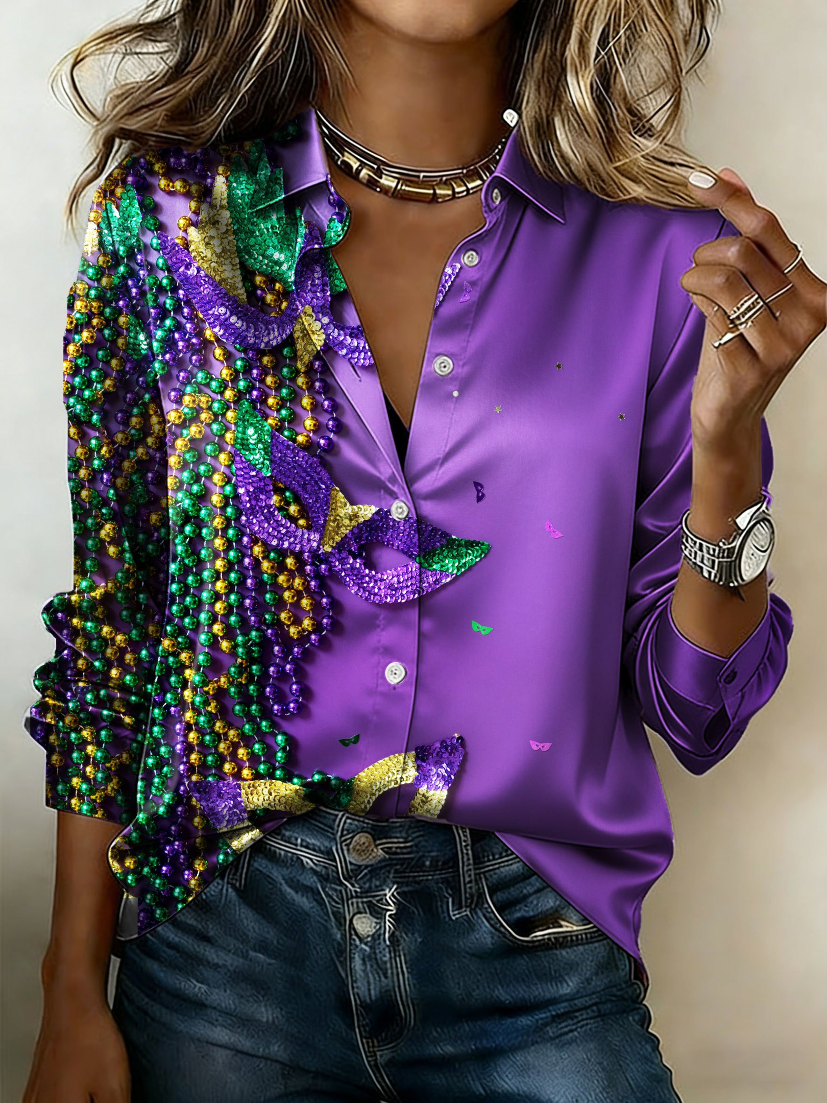 Mask And Beads Mardi Gras Button Down Shirt Fat Tuesday Women's Long Sleeve Mardi Gras Shirts