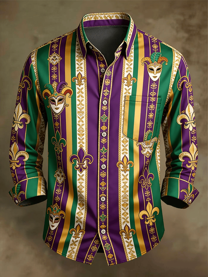 Mask Mardi Gras Button Up Shirt Long Sleeve Fleur De Lis Holiday Apparel Mardi Gras Button Down