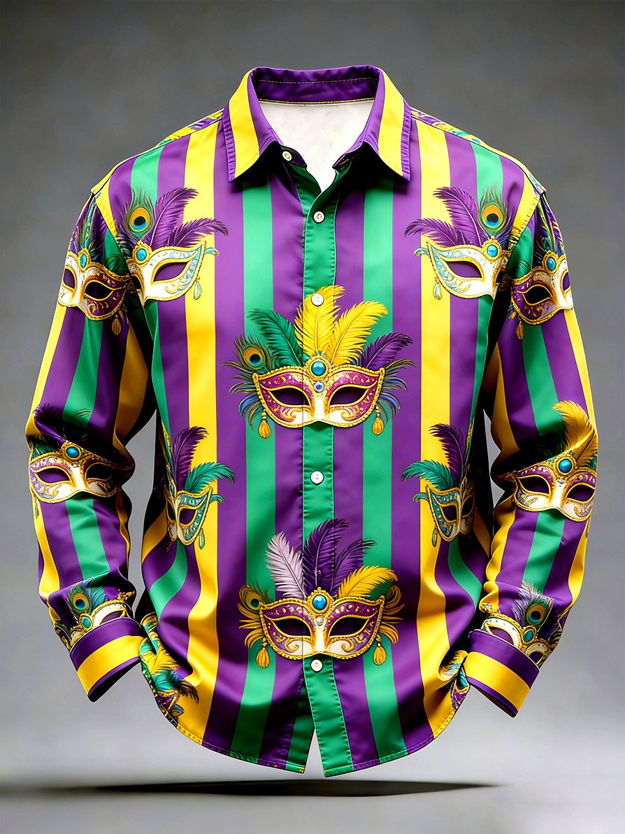 Mask Mardi Gras Button Up Shirt Long Sleeve New Orleans Stripe Mardi Gras Clothes For Sale