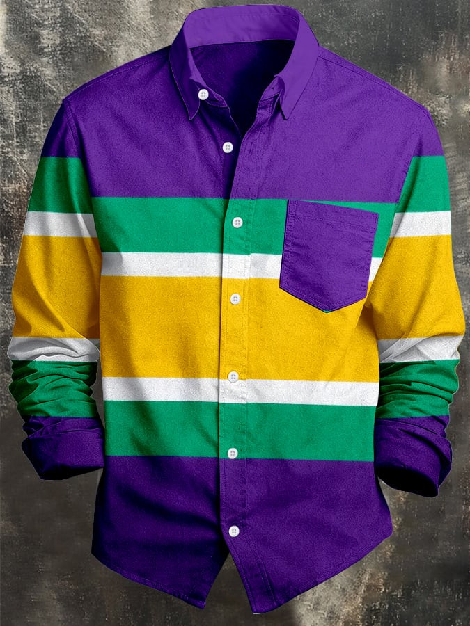 Mask Mardi Gras Button Up Shirt Long Sleeve New Orleans Stripe Men's Mardi Gras Button Down Shirt