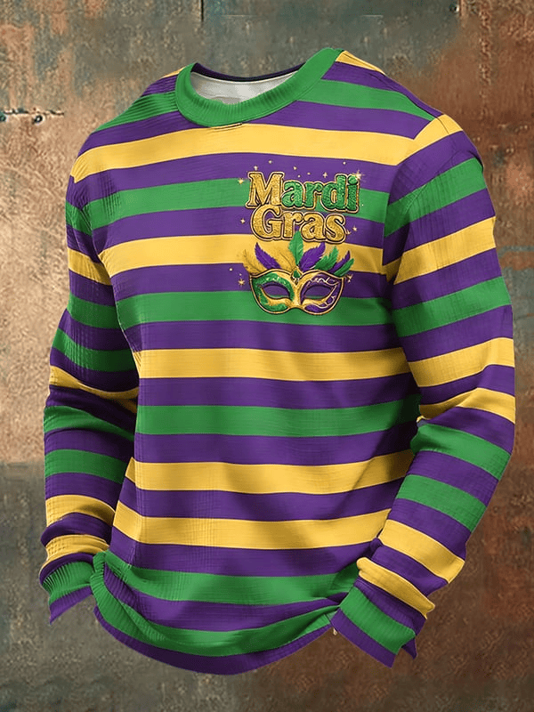 Mask Mardi Gras Long Sleeve T-Shirt Fleur De Lis Shirt New Orleans Stripe Clothes Men's