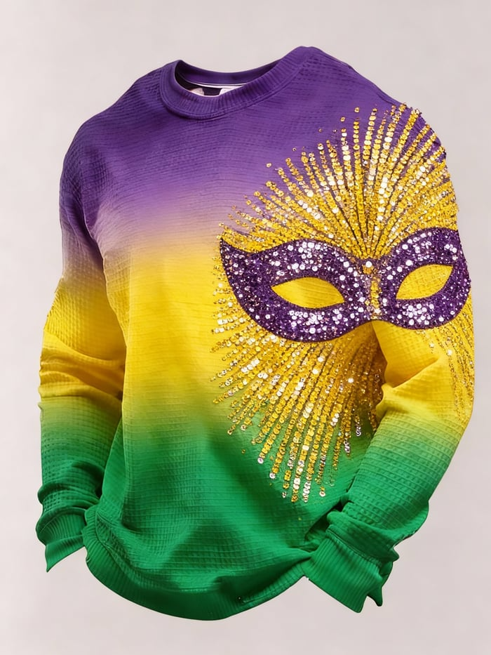 Mask Mardi Gras Waffle Long Sleeve T-Shirt Fleur De Lis Shirt Fat Tuesday Clothes Men's