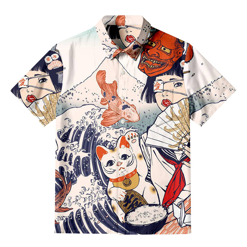 Masked Woman And Cat Button Up Shirt Japanese Art Clothing Gifts For Women