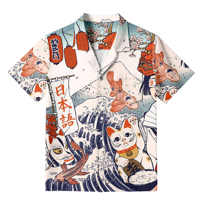Masked Woman And Cat Hawaiian Shirt Japanese Art Clothing Gifts For Cat Enthusiasts