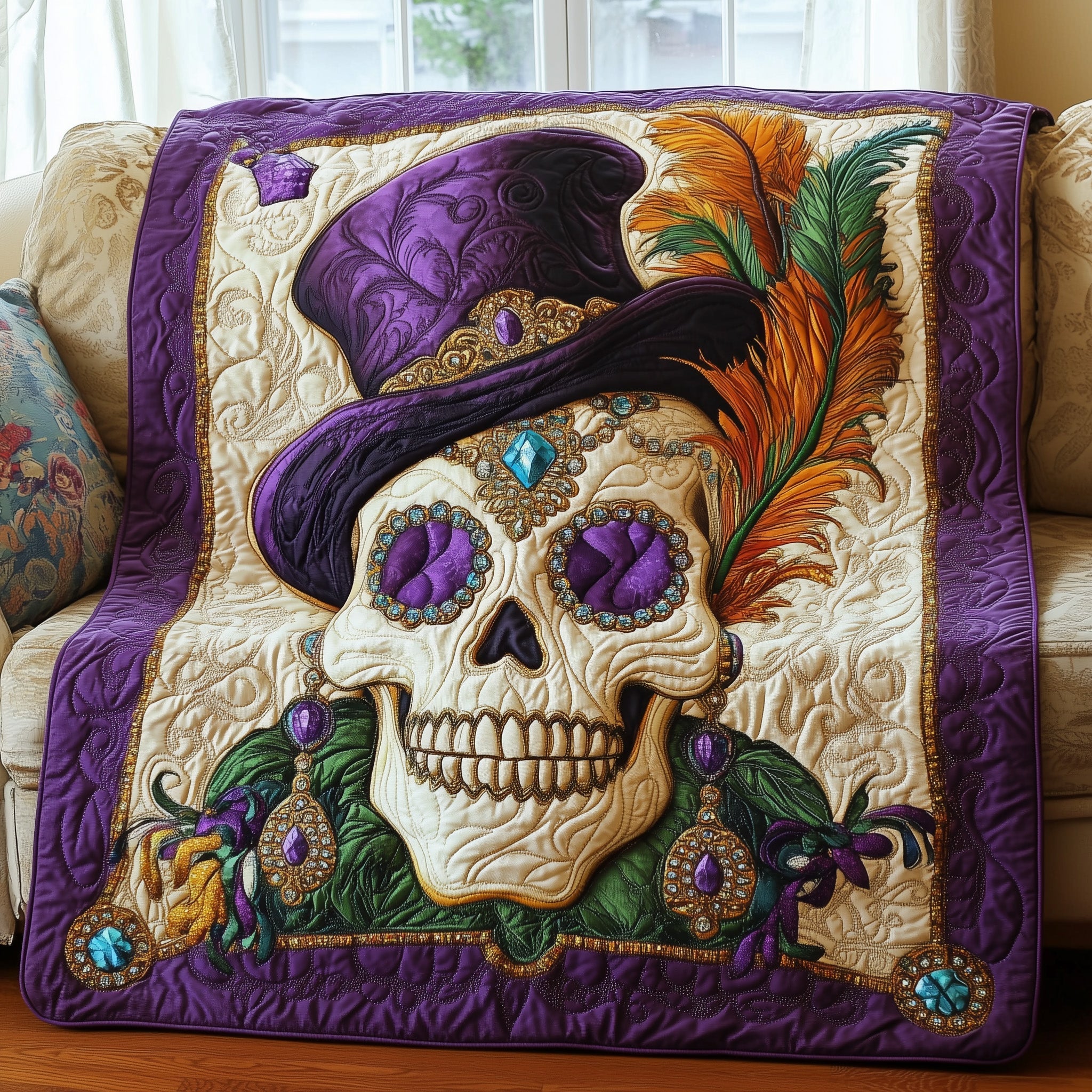 Masquerade Skull Quilted Blanket Cute Bed BlanketCarnival Mardi Gras King Gifts