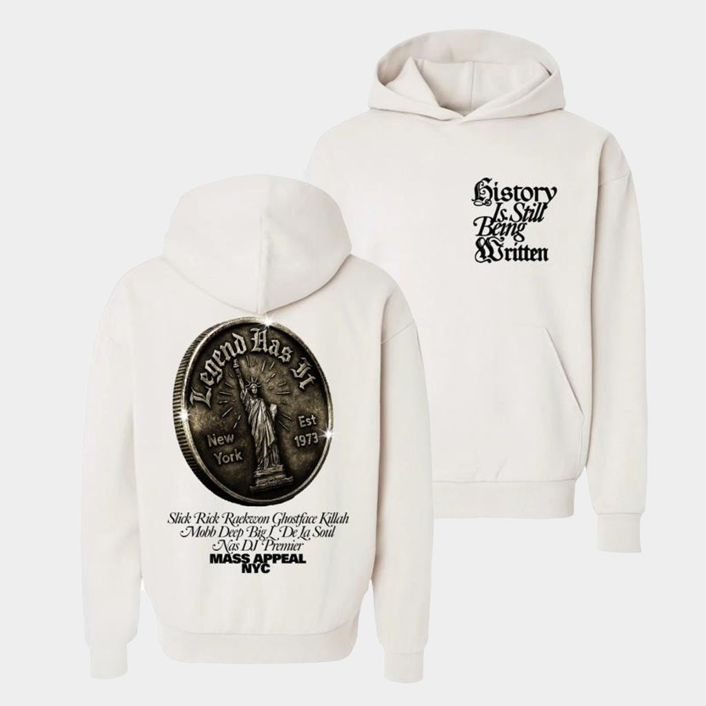 Mass Appeal Merch Legend Has It Coin Hoodie History Is Still Being Written Hoodie Gifts For Him