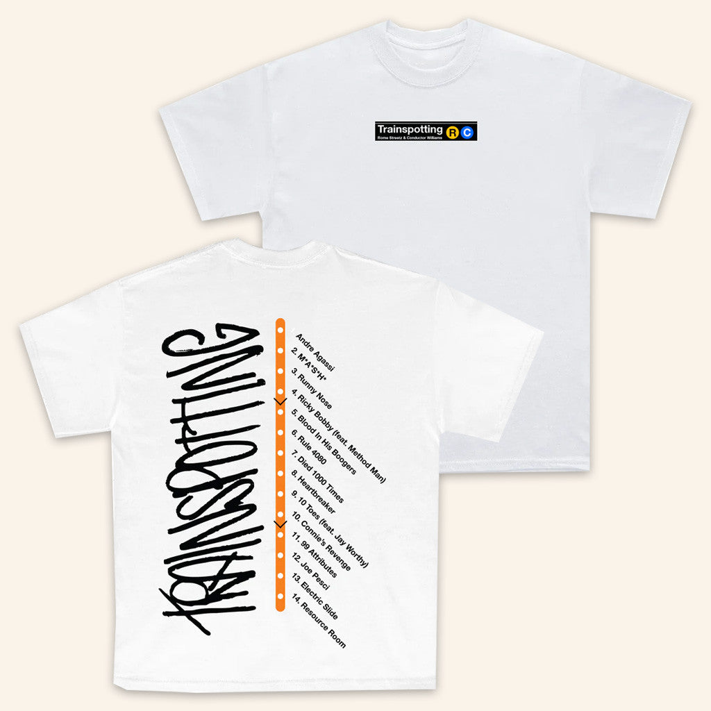 Massappeal Merch Rome Rome Streetz And Conductor Williams Trainspotting White T-Shirt Massappeal Merch Rome Rome Streetz And Conductor Williams Trainspotting White T-Shirt