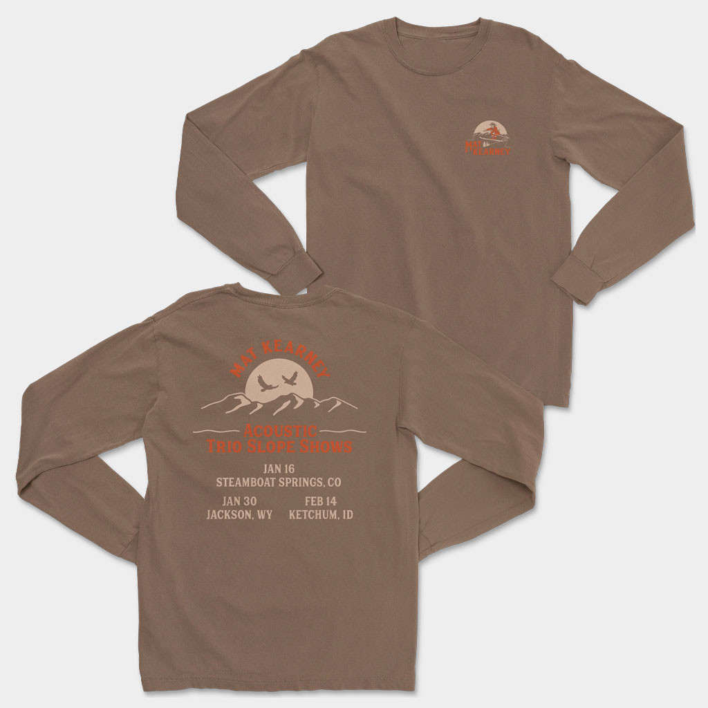 Mat Kearney Merch Espresso Ski Long Sleeve T-Shirt Mat Kearney Acoustic Trio Slope Shows Shirt