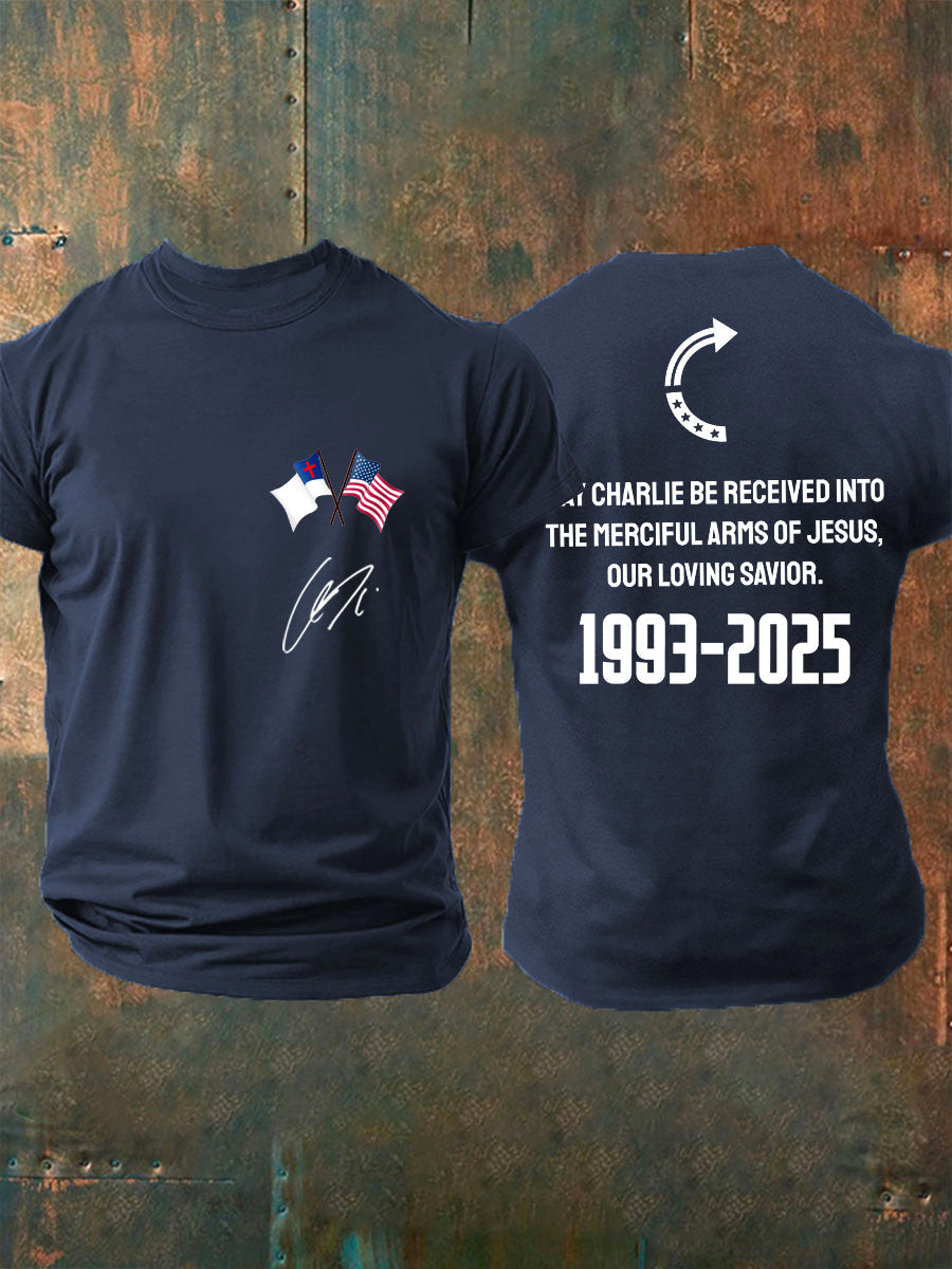 May Charlie Be Accepted Into The Compassionate Arms Of Our Loving Savior Jesus Charlie Kirk Signed Commemorative T Shirt Navy Blue Turning Point Usa Clothing