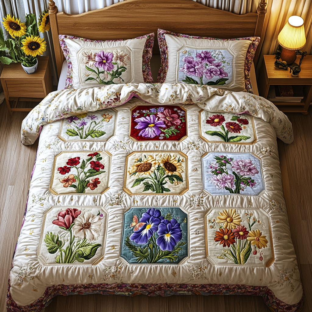 Meadow Bliss Quilted Bedding Set Holiday Duvet Cover Set Gifts For The Flower Lover
