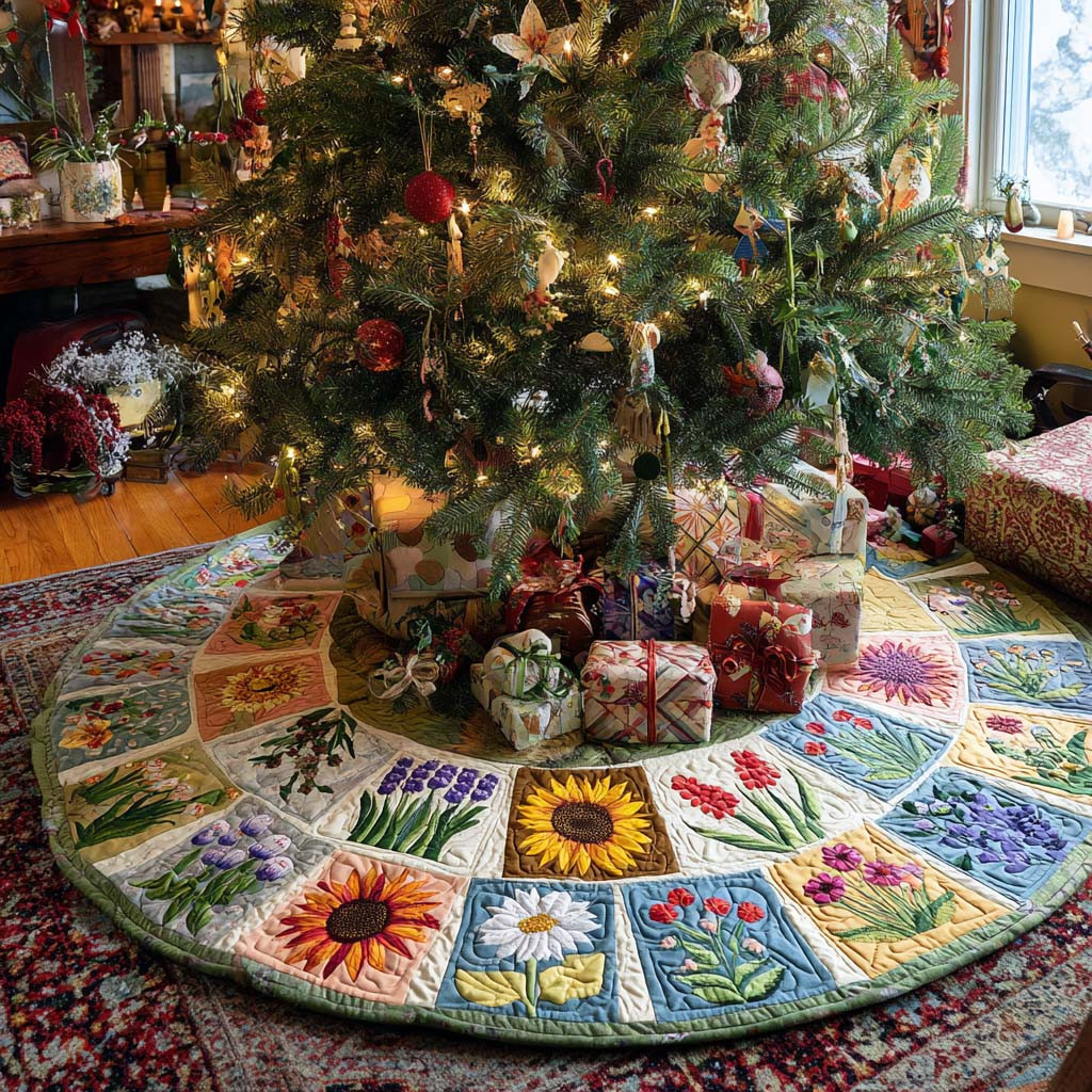Meadow Bloom Christmas Quilted Tree Skirt Winter Decor Ideas Christmas Gifts For Flower Lovers