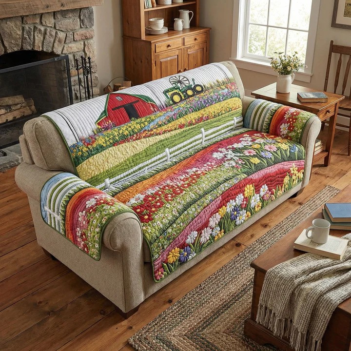 Meadow Blossom Quilted Sofa Cover Wildflower Farmhouse Furniture Protector Best Home Decor Gift