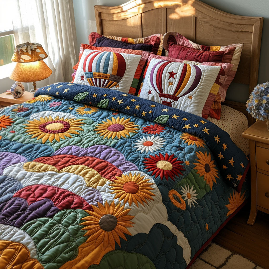 Meadow Breeze Balloons Quilted Bedding Set Bed Decorations Sky Air Balloon Themed Gifts