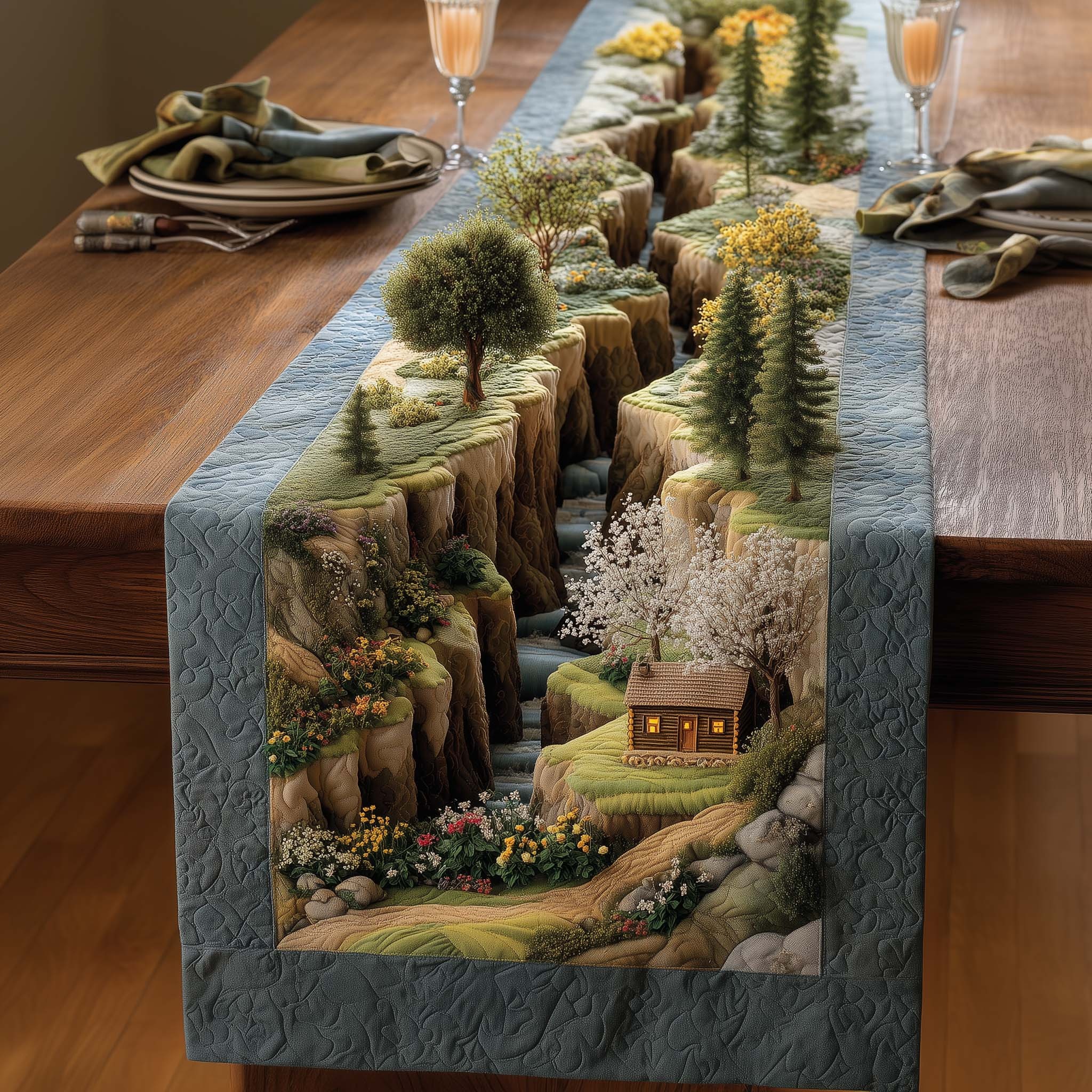 Meadow Cabin Quilted Table Runner Seasonal Tabletop Decor Gift For Kitchen Dining Space
