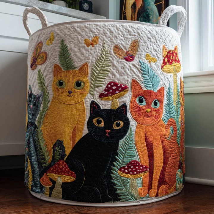 Meadow Cat Retreat Quilted Laundry Basket Boho Floral Cat Home Decor Best Gift For Cat Mom