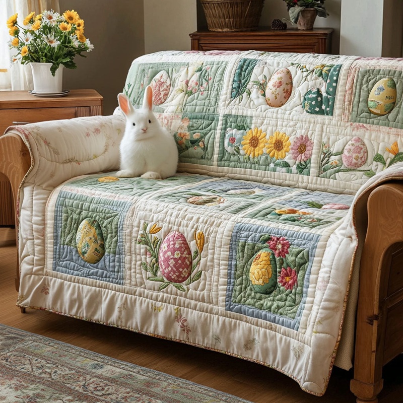Meadow Egg Parade Quilted Sofa Cover Easter Spring Decor Gift For Easter Lovers