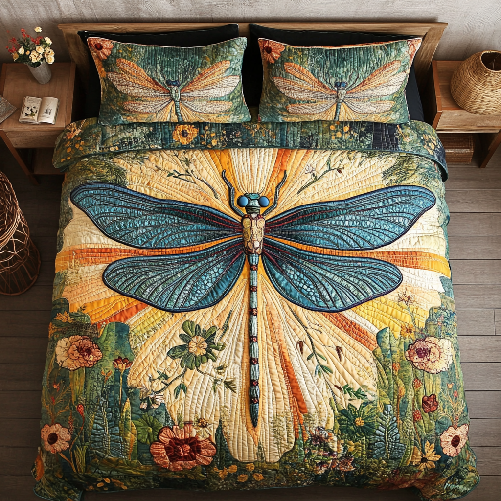 Meadow Flight Quilted Bedding Set Bed Room Decoration Unique Dragonfly Gifts