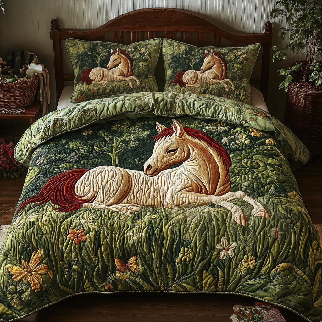 Meadow Gallop Quilted Bedding Set Cute Room Decor Equestrian Christmas Gifts