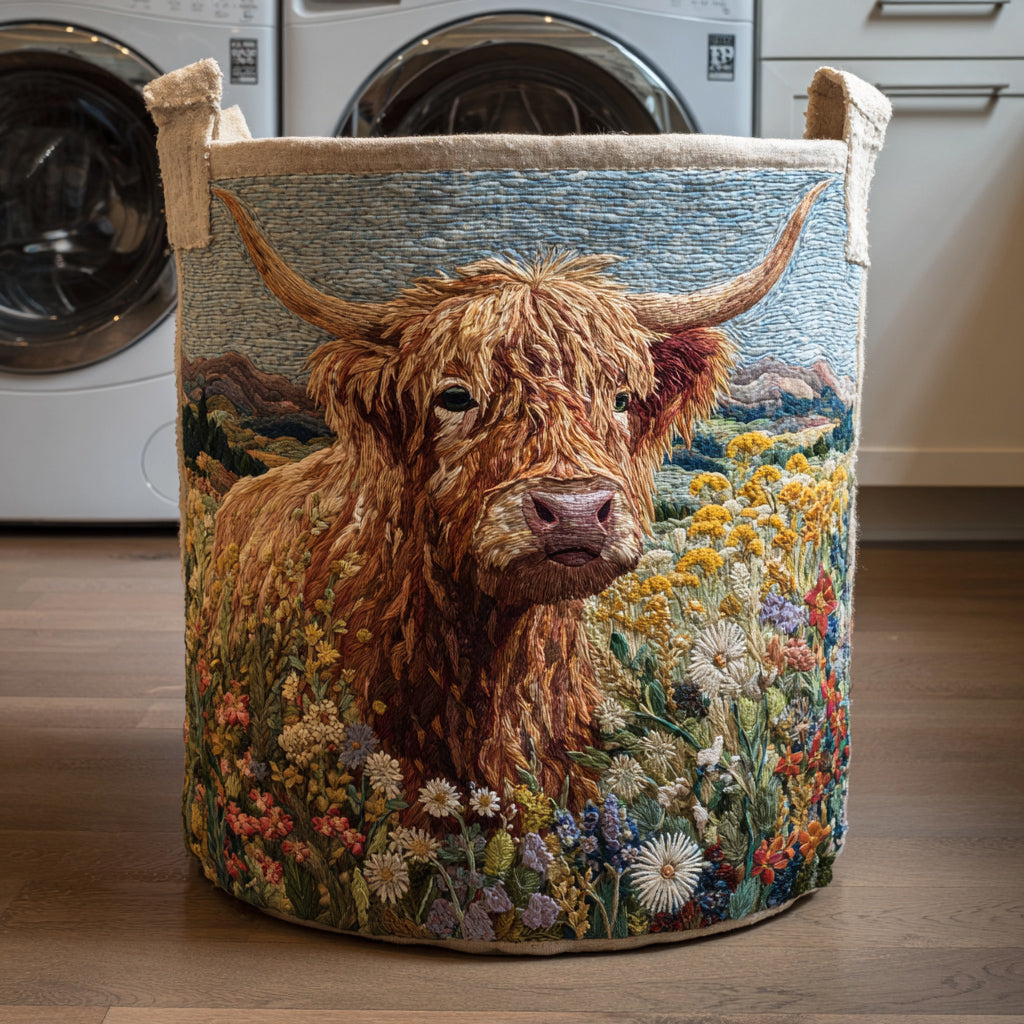 Meadow Highland Cow Quilted Laundry Basket Trendy Quilted Laundry Hamper Gift for Modern Living