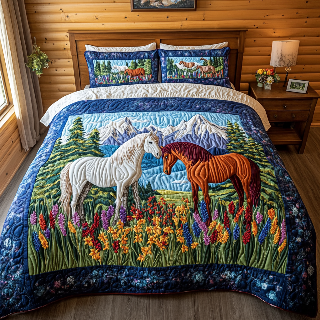Meadow Horse Quilted Bedding Set Bedroom Decorations Memorial Gifts For Horse Lovers