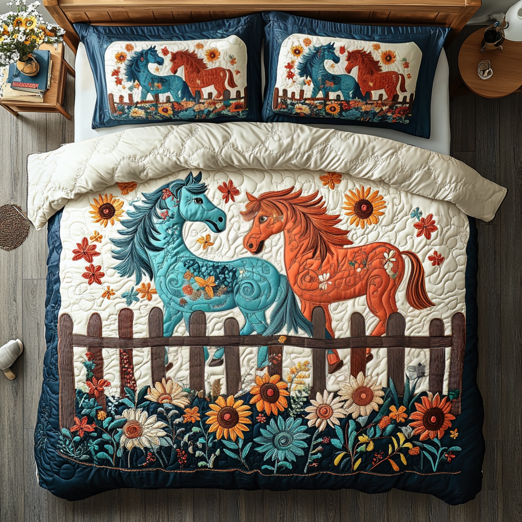 Meadow Mane Quilted Bedding Set Cute Room Decor Christmas Presents For Horse Lovers