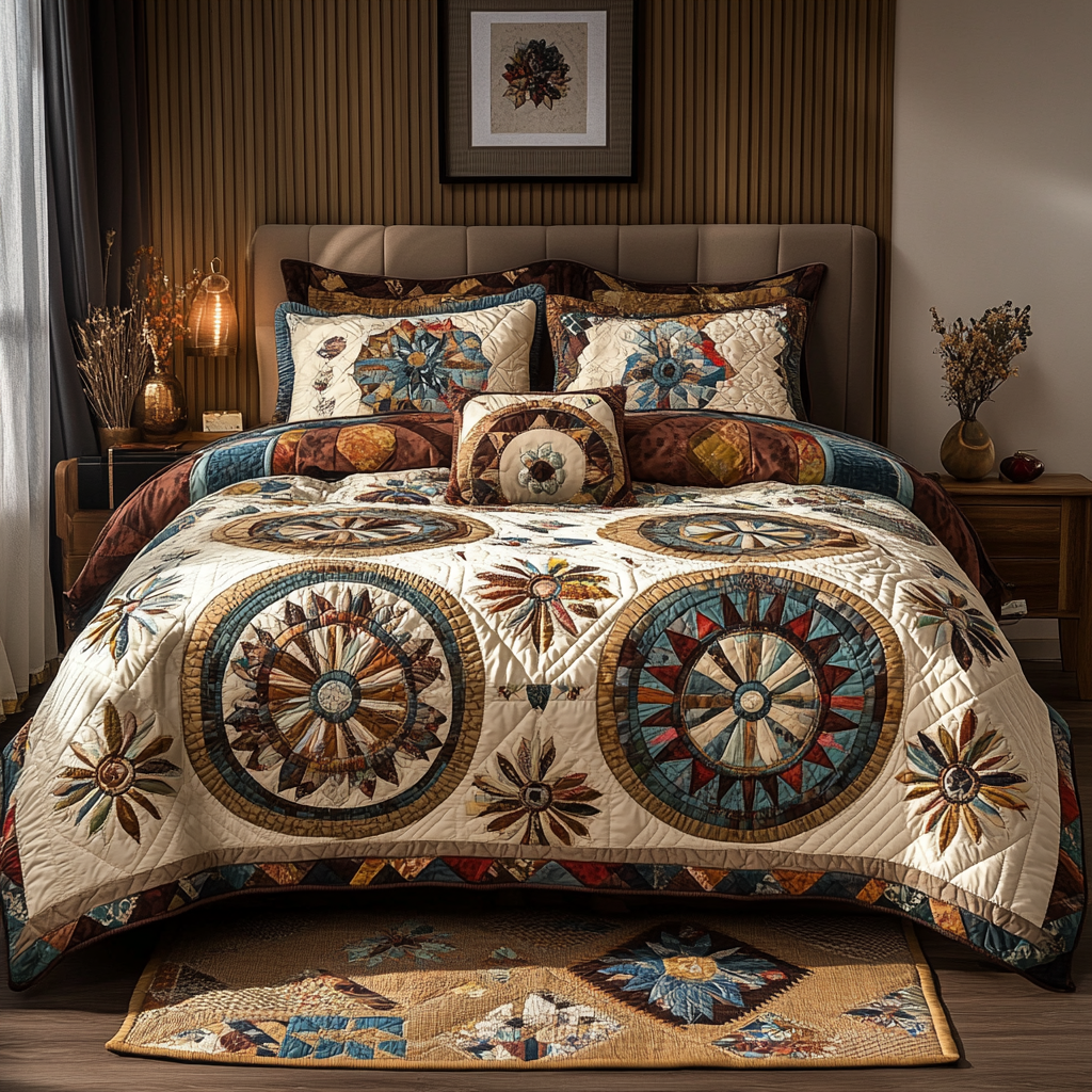Meadow Medallion Quilted Bedding Set Xmas Holiday Duvet Cover Set Gifts For The Flower Lover