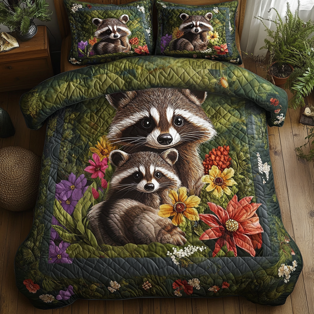 Meadow Mischief Quilted Bedding Set Bed Decorations Gifts For Raccoon Lovers