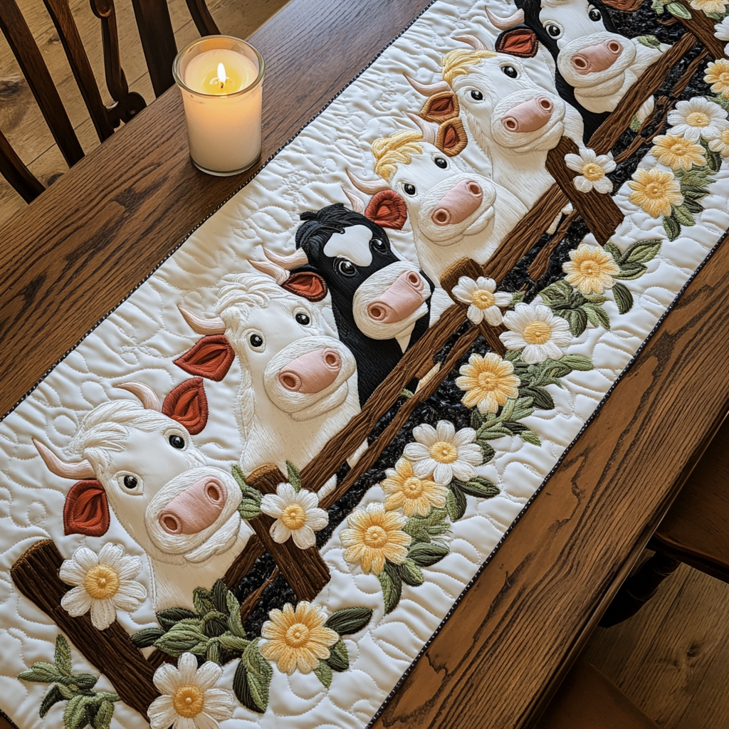 Meadow Moo Quilted Table Runner Dining Table Decor Ideas Highland Cow Gifts For Her