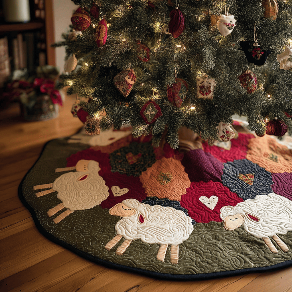 Meadow Sheep Christmas Quilted Tree Skirt Christmas Decor Sheep Lover Xmas Gifts
