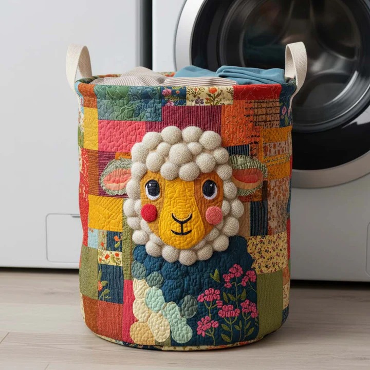 Meadow Sheep Flower Garden Quilted Laundry Basket Farmhouse Home Decor Best Gift For Sheep Lovers