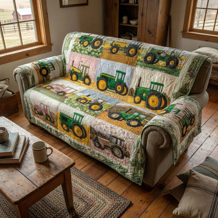 Meadow Tractor Story Quilted Sofa Cover Farmhouse Country Furniture Protector Best Gift For Farmers