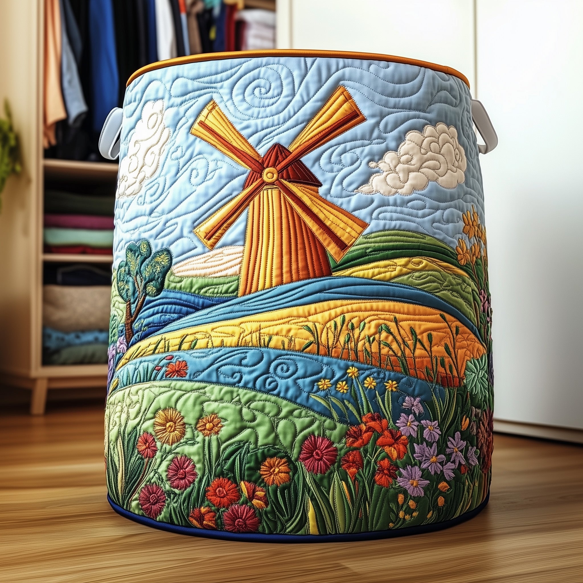 Meadow Windmill Quilted Laundry Basket Merch For Family Time