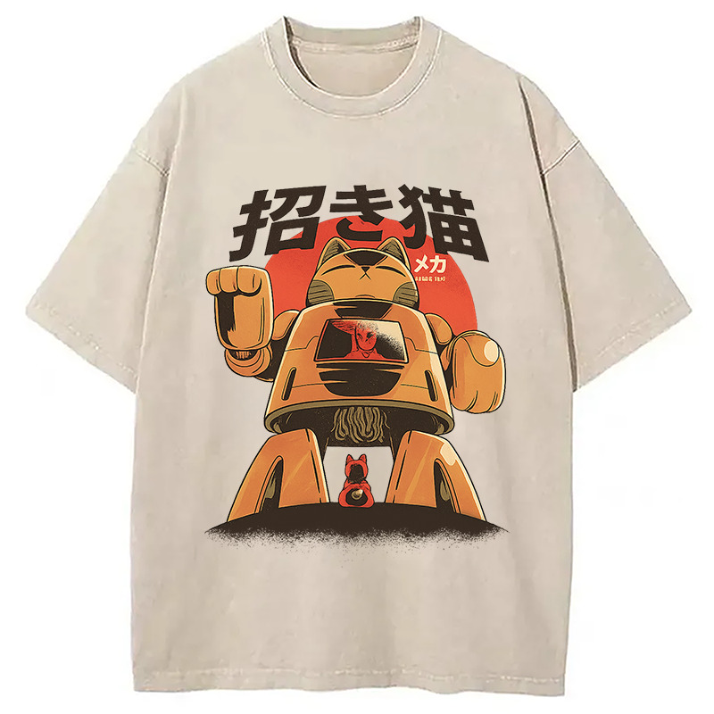 Mecha Cat Washed T-Shirt Cool Graphic Tee For Men Women Gifts For Her