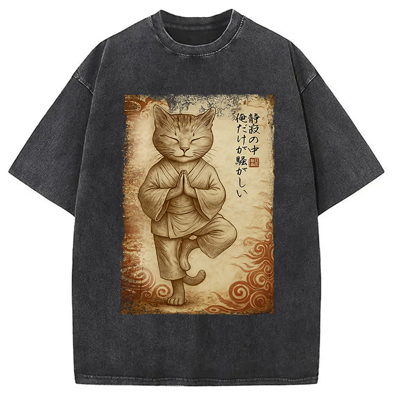 Meditation Zen Cat Washed T-Shirt Cool Urban Street Style Shirt Gifts For BFF