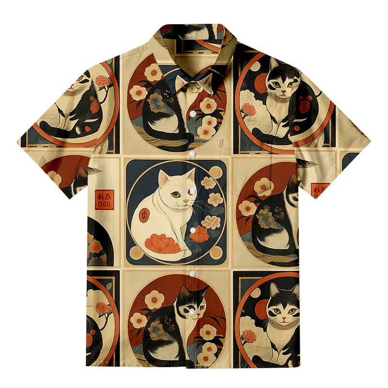 Meiji Era Cat Allover Pattern Ukiyoe Button Up Shirt Japanese Art Shirt Ideas Gifts For Cat Owners