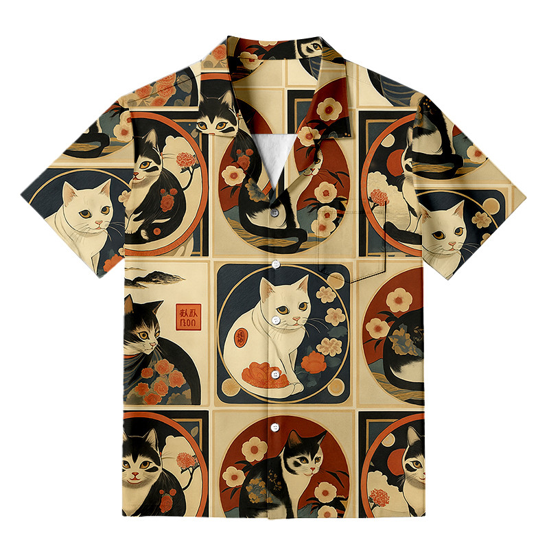 Meiji Era Cat Allover Pattern Ukiyoe Hawaiian Shirt Japanese Art Apparel Gifts For Cat Owners