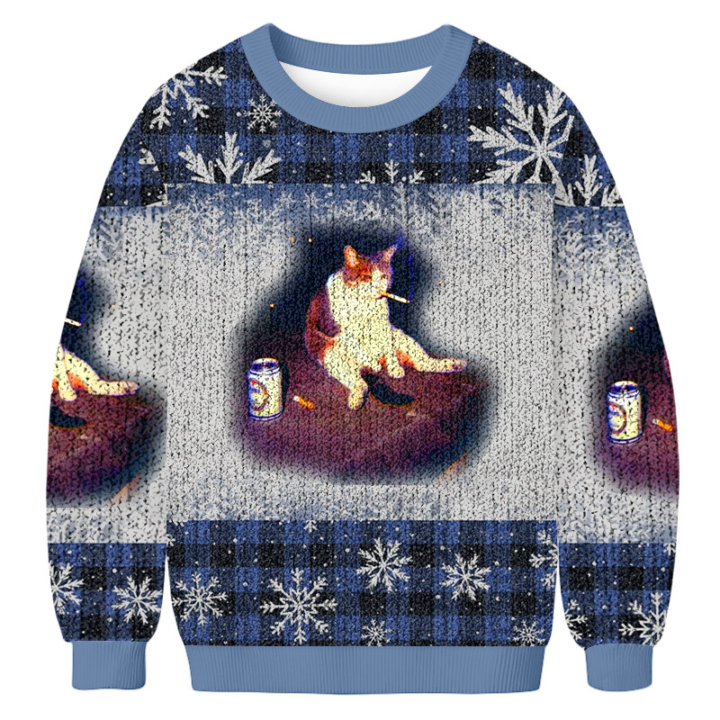 Melancholy Smoking Cat Fun Christmas Ugly Sweater Winter Outfits Xmas Gift For Him