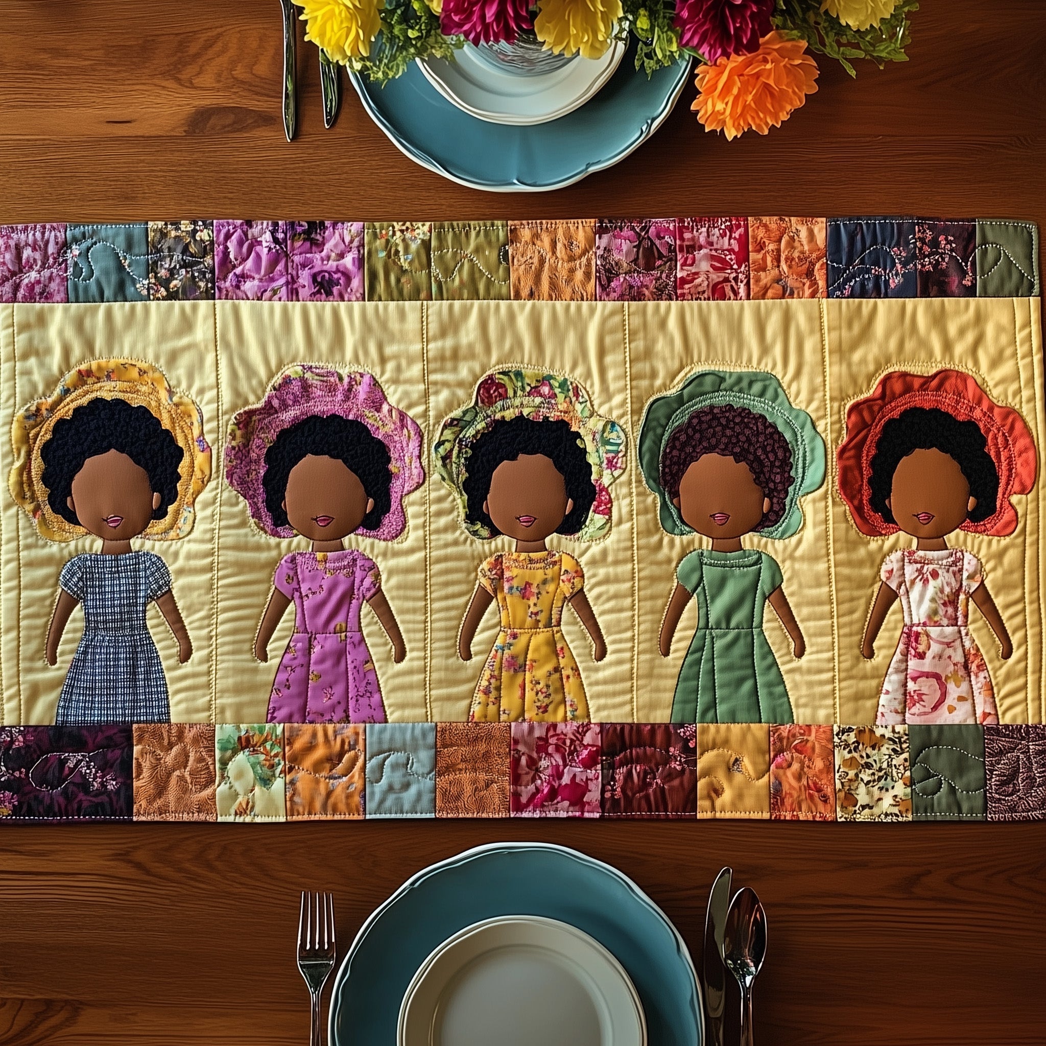 Melanin And Sunbonnet Quilted Table Runner Christmas Dining Table Runner