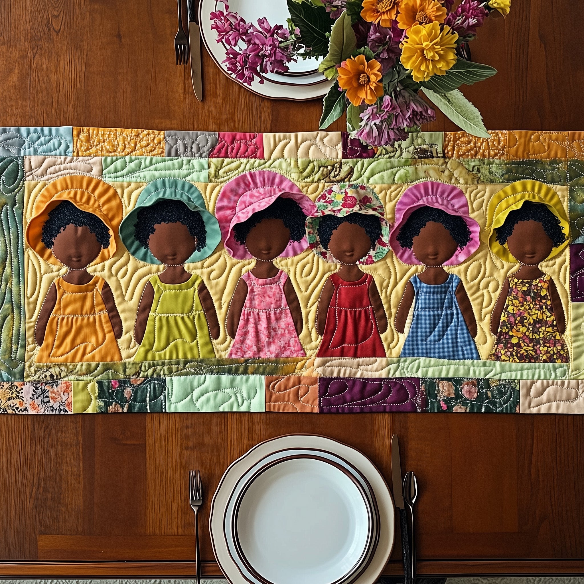 Melanin And Sunbonnet Quilted Table Runner Elegant Christmas Table Runner