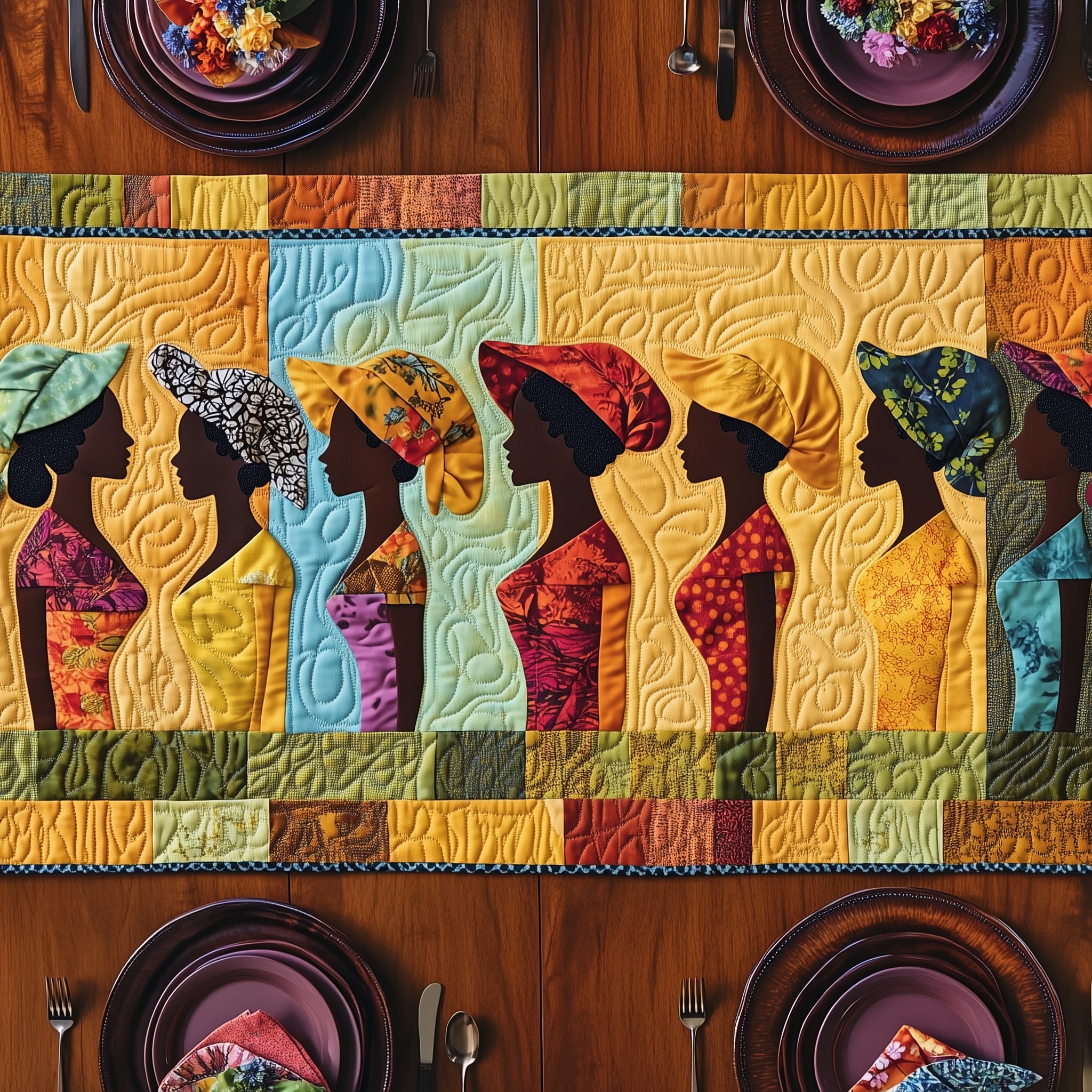 Melanin And Sunbonnet Quilted Table Runner Holiday Party Table Runner