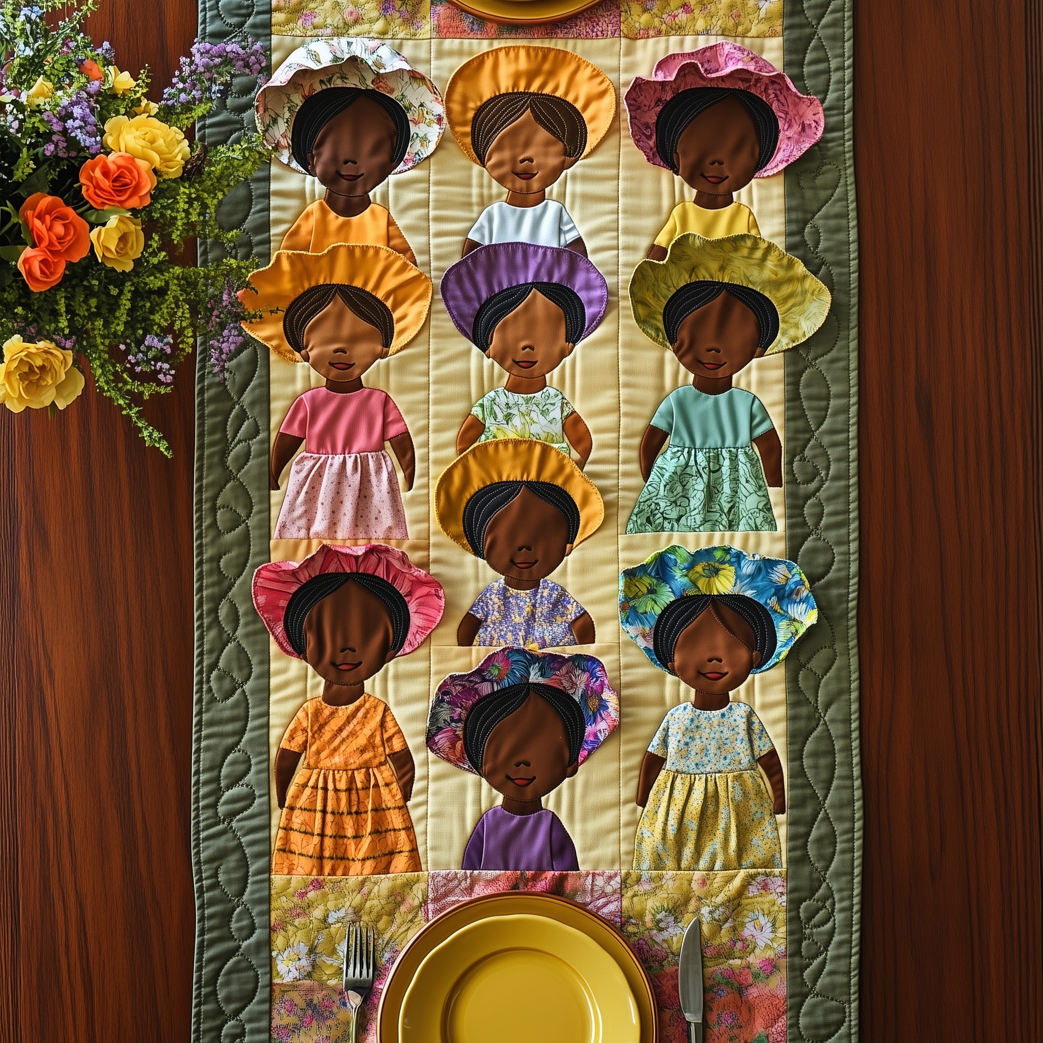 Melanin And Sunbonnet Quilted Table Runner Seasonal Table Runner for Holidays