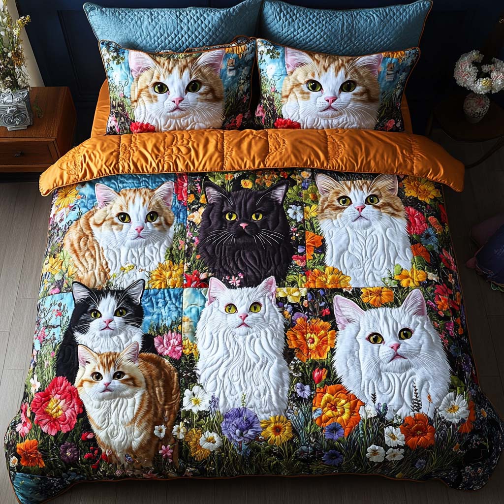Mellow Cat Meadow Quilted Bedding Set Perfect Bedding Gift Set for Holiday Celebrations